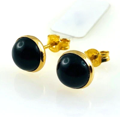 ORECCHINI IN ORO 750 CON ONICE NERO A LOBO MEZZA SFERA GIOIELLI NUOVI - Immagine 1 di 4