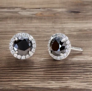 0.8 Ct Black Diamond Moissanite Halo Earrings, 14k White Gold Plating - Picture 1 of 6