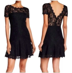 Diane Von Furstenberg Dress Women 12 Black Short Sleeve Lace Fifi Mini Cocktail - Picture 1 of 12