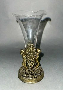 1950s Small Glass Trumpet Vase w Gold-plated Filigree Cherub Base Holder - A - Picture 1 of 10