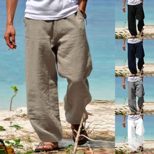 Men's Beach Natural Cotton Linen Pants Summer Relaxed Fit Solid Color Trousers. - Picture 1 of 15