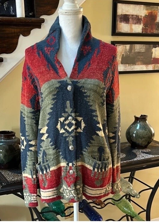 Vtg 90’s Aztec Jones New York Tribal Chunky Knit Cotton Blend Cardigan Pockets M - Image 1 of 4