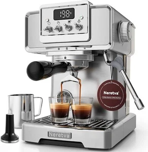 Neretva 15-Bar Retro Espresso Machine w/ Milk Frother – Stainless Steel - Picture 1 of 7