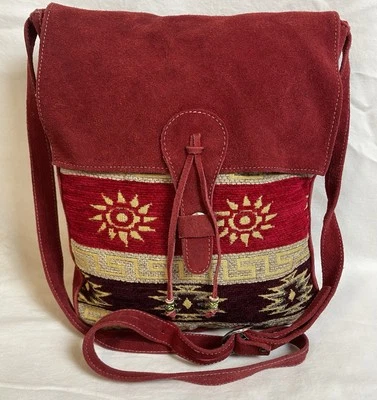 Handmade Suede Woven Wool Shoulder Bag Aztec Red Beige Gray Boho Southwestern - Image 1 of 4