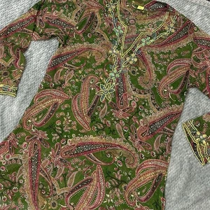 Raj Green 100% Silk XL Tunic Top Cover Up Paisley Print Floral Boho Beaded Shirt - Picture 1 of 13