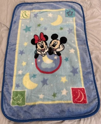 Винтажное синее флисовое детское одеяло Mickey & Minnie плюшевое лунное и звездное 44 дюйма x 27 дюймов - Изображение 1 из 4