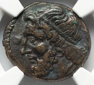 Sizilien Syrakus 275-215 v. Chr., Hieron II AE Poseidon Delfin Dreizack Münze, NGC sehr schön - Bild 1 von 5