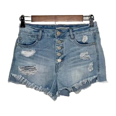 Refuge Mujer Botón Mosca Distress Corte Pantalones Cortos Talla 2 Elástico Lavado Ligero Denim Foto 1 de 3