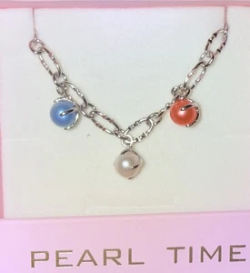 It’s Pearl Time Bracelet .925 Sterling Silver With 3 Pearls. White,Blue &Coral - Picture 1 of 9