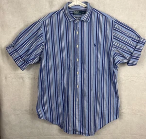 Polo Ralph Lauren Button Up Shirt Top Men XL Blue Striped S/S Raw Hem Cuff Logo - Picture 1 of 6