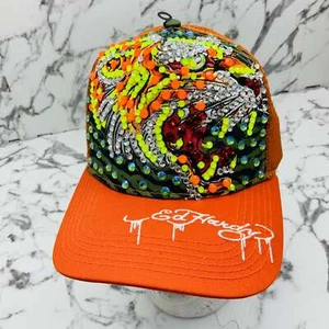 Sombrero de camionero Ed Hardy Tiger naranja para hombre | diamantes de imitación multicolor nuevo con etiquetas - Imagen 1 de 7