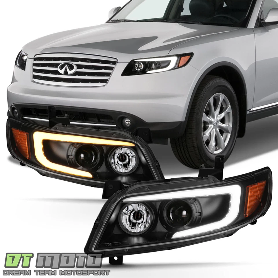 Black 2003-2008 FX35 FX45 LED DRL Tube Switchback Signal Headlights Headlamps - Image 1 of 4