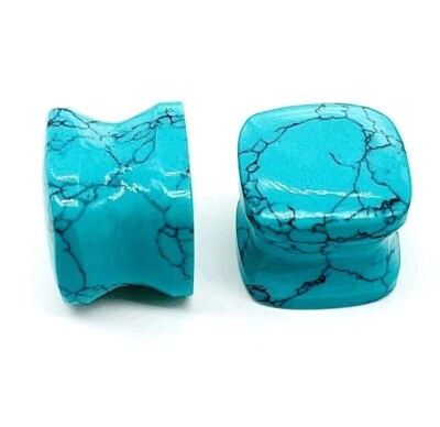 Blue Turquoise Plugs, Cushion Shape Double Flare, Handmade PAIR  Size 3mm to 50 - Image 1 of 4