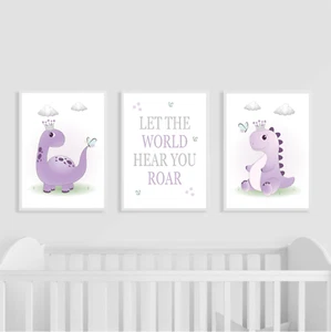 Dinosaur Nursery Prints Set of 3, Purple, Girl Wall Art, Bedroom Decor, Gift - Picture 1 of 4
