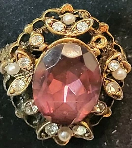 Vintage SARAH COVENTRY Goldtone Ring W/faux Amethyst Opals & Diamonds Adjustable - Picture 1 of 8