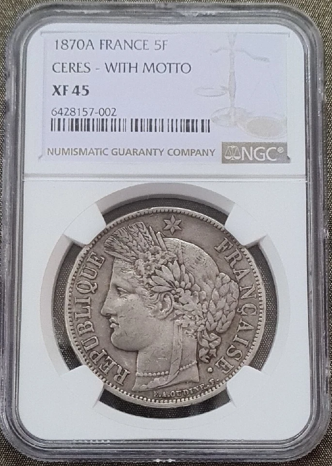 1870A FRANCE 5 FRANCS CERES Silver 0.90 NGC XF45 【KM#819】 - Image 1 of 4