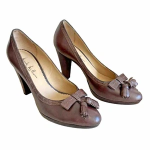Nicole Miller High Heels Brown Leather Tassel Platform Pump Sz US 9 Shoes Preppy - Picture 1 of 9