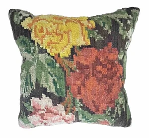 Turkish Wool Floral Pillow 16x16” Brown Yellow Pink Red - Picture 1 of 3