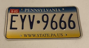 PENNSYLVANIA Authentic License Plate WWW.STATE.PA.US PLATE # EYV-9666 - Picture 1 of 2