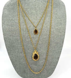 Vintage Florenza Pendant Necklace Triple Chain Brown Glass Teardrops - Picture 1 of 13