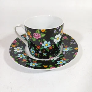 Mary Engelbreit Tea Cup and Saucer Dark Floral Pattern Ceramic - Picture 1 of 5