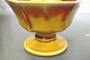 Yellow Orange Drip Glaze Hexagonal Pedestal Pottery Planter Retro MCM - Imagen 1 de 13