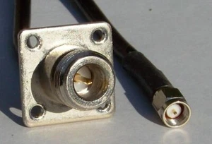 Reverse Polarity RP-N-Female 4-Hole-Panel-Mount  to  SMA Male 12" pigtail RG-58U - Picture 1 of 1