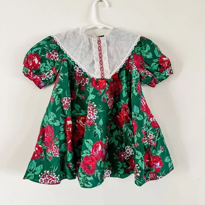 Vintage Girls 3T Kalula Kids Green & Red Rose Floral Dress Lace Collar 90’s - Image 1 of 4