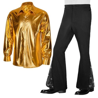Mens Glossy Shirt and Sequin Bell Bottom Pants 2PCS Suit Retro Hippie Disco Set - Image 1 of 4