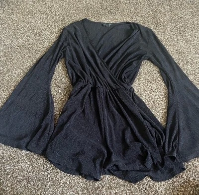 Witchy Stevie Nicks Black V-Cut Bell Sleeve Romper - Image 1 of 4