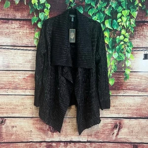 Lauren Ralph Lauren Cardigan Zopfmuster groß Wollpullover schwarz Revers offen vorne - Bild 1 von 5