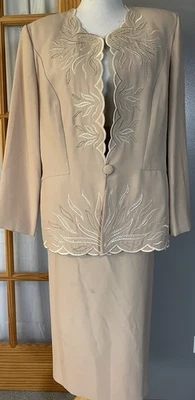 Traje Conjunto Formal 2 Piezas Años 70 Para Mujer Talla 16 Chaqueta Falda Bordado Beige EE. UU. Foto 1 de 4