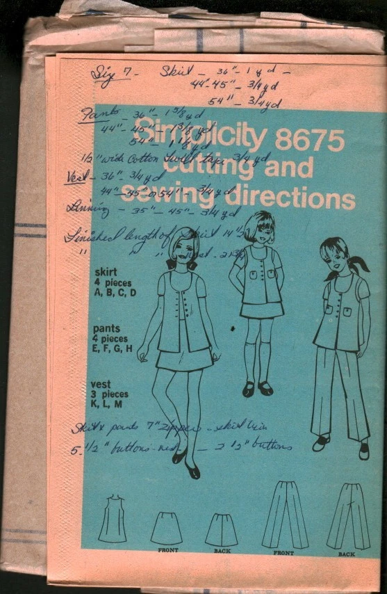 8675 Vintage Simplicity Sewing Pattern Girls 1960s Vest Pants Skirt UNCUT 7 OOP - Image 1 of 1