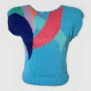 Petite Tricot Knit Short Sleeve Sweater Blue Abstract Women's Small 80s Vtg - Picture 1 of 6