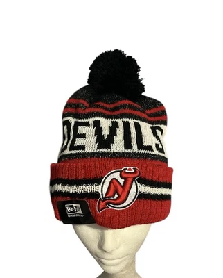 New Jersey Devils New Era Beanie Knit Pom Winter NHL Hat Red Black & White - Image 1 of 4