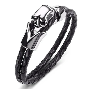 Pulsera de cuero de motociclista para Halloween para hombre calavera de acero inoxidable negra y plateada - Imagen 1 de 11