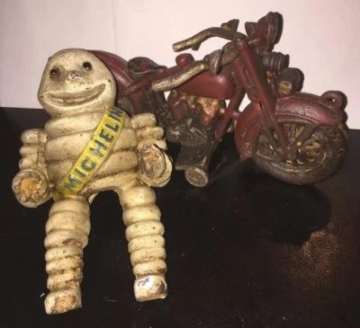 Michelin Man Motorcycle Cast Iron Patina Harley Collector Man Cave Toy Set Lot - Image 1 of 4