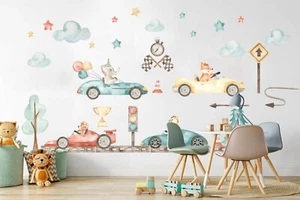 Baby Animal on Racing car with Balloon Removable Wall Decal Sticker Decor Gift - Bild 1 von 5