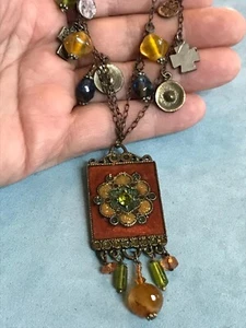 Vintage Style Cinnamon Enamel Pendant Multi Strand Necklace Glass Beads Charms - Picture 1 of 10