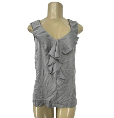Halogen Medium Women Silk Blend Tank Top Ruffle V-neck Grey Side Zipper 14-21 - Image 1 of 4