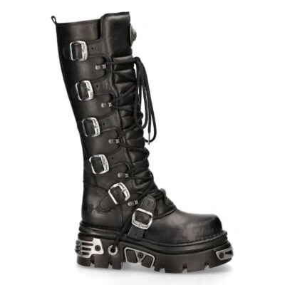 New Rock 272 Metallic Black Goth Knee High Zip Leather Buckle Boots Punk Emo - Image 1 of 4