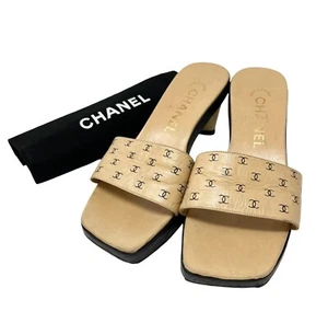 CHANEL Vintage 99P CC Monogram Logo Sandals Heels #36 US 6 Beige Leather Rank B - Picture 1 of 10