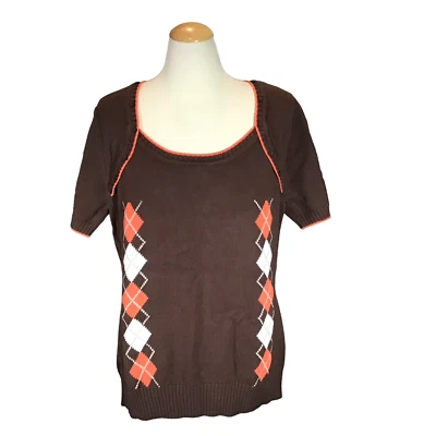 Denim & Co. Short Sleeve Argyle Sweater W/Envelope Button Yoke Sz LARGE BROWN - Image 1 of 4