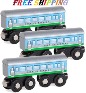 Orbrium Toys 3 Pcs Large Wooden Railway Express Coach Cars, Compatible with Thom - Picture 1 of 2