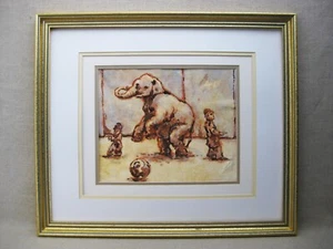 Vintage Elephant Watercolor Painting Circus Theme Framed Original Animal Art - Picture 1 of 2