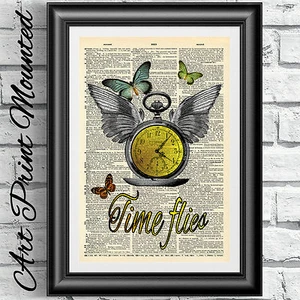 MOUNTED Art print on antique dictionary book page steampunk watch clock artwork - Picture 1 of 3