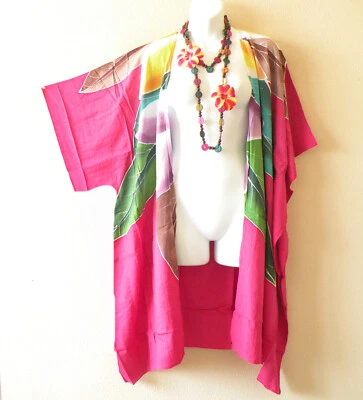 CM30 Pink Floral Hand Painted 38" Kimono Plus Cover Up Duster Cardigan - upto 5X - Image 1 of 2