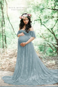 Women Pregnant Maxi Maternity Dress Photo Props Lace Off-shoulder Long Dress - Picture 1 of 4