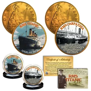 RMS TITANIC & RMS CARPATHIA 1900’s Gold Plated Great Britain Pennies 2-Coin Set - Picture 1 of 3