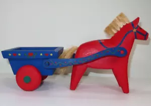 Large Vintage Wood Horse and Cart Wagon Toy Figurine 7" Tall x 13" x 5" - Picture 1 of 11